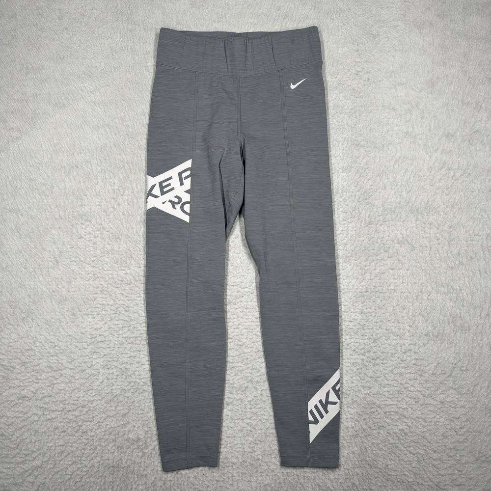 Nike Pro Spellout Training Pants Leggings Gray CU4595-073 Women's Size M